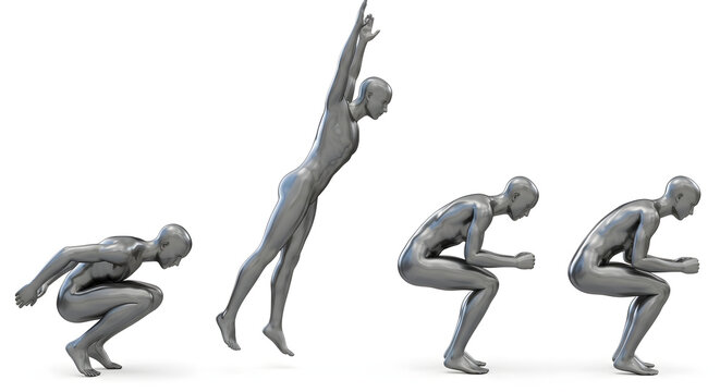 A dynamic sequence of a human figure in the process of a jump, showing the different phases of a complex movement.