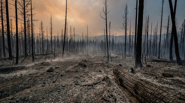 Devastated forest landscape after a wildfire with smoke and ash covering the ground. Photo about forest fires