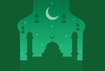 Ramadan eid mubarak celebrate with green mosque silhouette under lamps moon and stars.