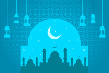 Ramadan eid mubarak celebrate with mosque silhouette crescent moon stars and hanging lantern art.