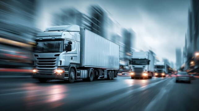 Food industry trucks transporting packaged goods for distributer on blurred background
