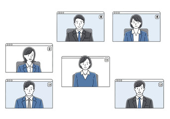 Illustration of a professional business team engaged in a virtual meeting or online video conference