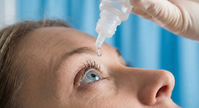 Close-up of a woman receiving eye drops in a clinic, medical treatment and eye care concept