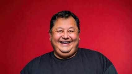 Fototapeta premium Cheerful asian mature male smiling against red background.