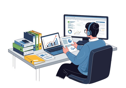 Professional business analyst at a desk reviewing financial data and market research reports on multiple digital screens