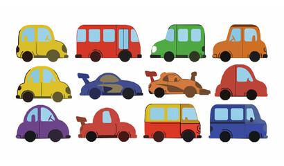Colorful cartoon cars vector set in hand drawn doodle style for kids room and fabric