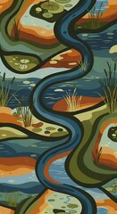 Stylized Winding River Flowing Through Abstract Landscape with Earth Tones.