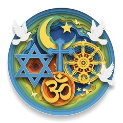 Interfaith symbols of peace and unity with doves and celestial elements.