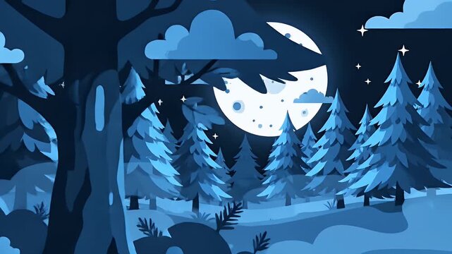Stylized pine forest at night with full moon and stars