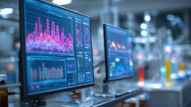 Pharmaceutical industry clinical trial simulation with digital on blurred background