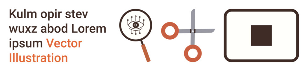Data analysis, creativity, vision, research tools, precision, geometric symbolism. Magnifying glass with eye, scissors geometric square on white background. Data analysis and creativity theme © robu_s