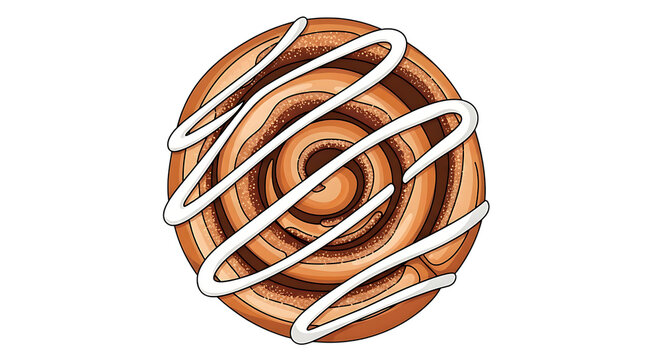 Top-down view of a delicious cinnamon roll illustration with white icing drizzle