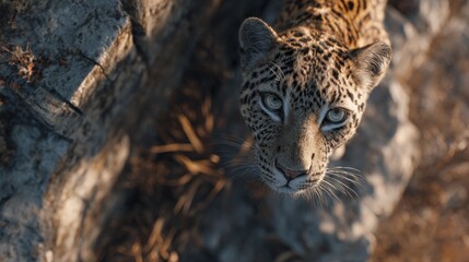 Naklejka premium slightly elevated cinematic top view of a rocky cliffside, a leopard standing very close to the camera, occupying most of the frame 