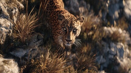 slightly elevated cinematic top view of a rocky cliffside, a leopard standing very close to the camera, occupying most of the frame 