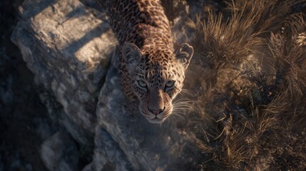 slightly elevated cinematic top view of a rocky cliffside, a leopard standing very close to the camera, occupying most of the frame 