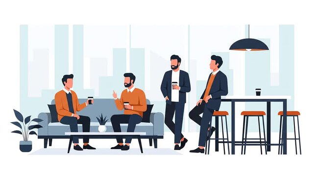 Flat illustration of four businessmen chatting and socializing in a modern office lounge with a cityscape background and minimalist decor.