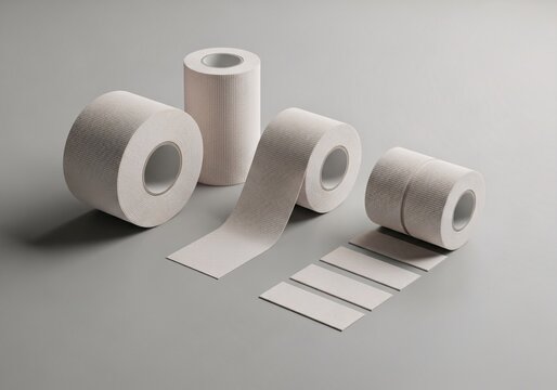 Set of athletic kinesiology and support tapes arranged in clean studio lighting