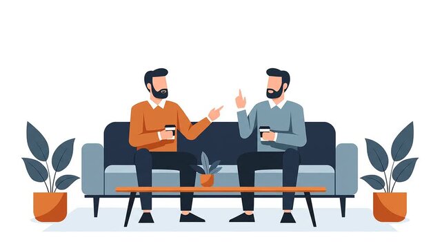 Two men sitting on a couch having a conversation with coffee cups in a casual setting with plants.