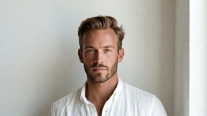 Obraz premium Caucasian young adult male in white shirt looking confidently at camera.