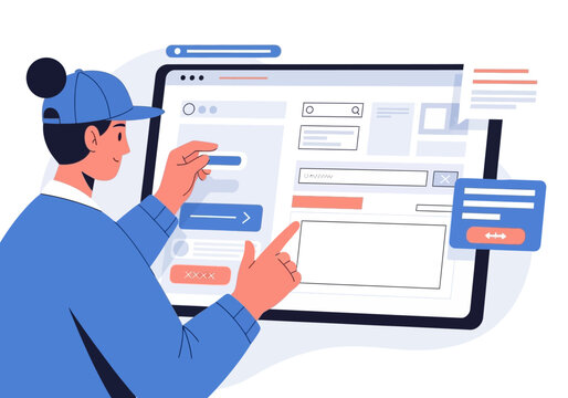 Illustration of a young designer developing a custom user interface for a responsive website application
