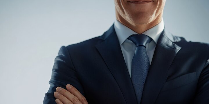 A professional man in a suit and tie with hands on hips, looking down towards the camera.