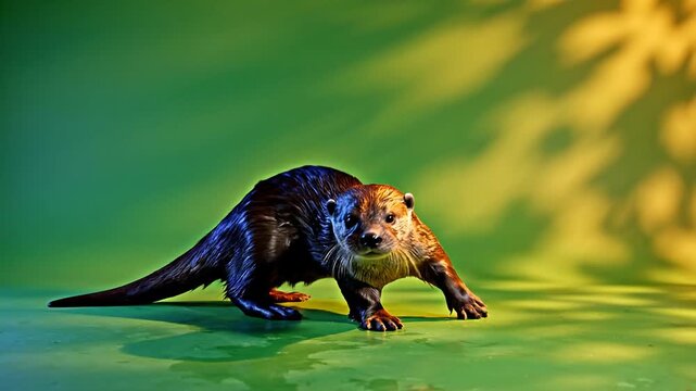 Energetic River Otter Rolling and Playing on a Green in Slow Motion