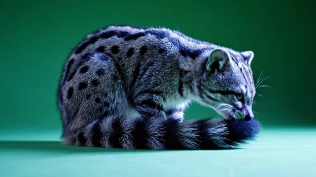 Exotic Genet Wild Cat Grooming Its Ringed Tail on Green Screen Studio Background