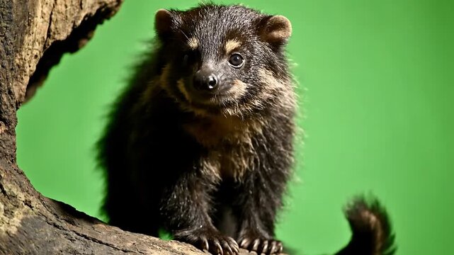 Exotic Small Mammal Emerging from Hollow Tree on Green Screen Background
