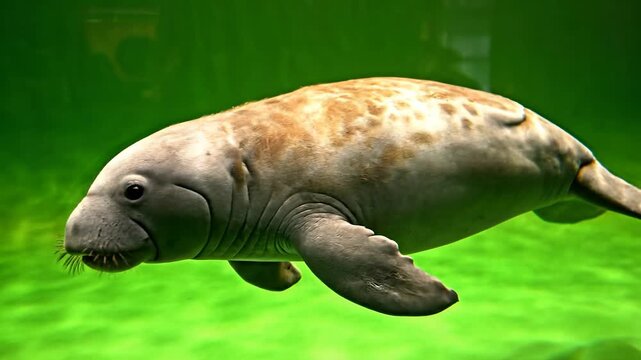Gentle Manatee Gliding Through Algae Rich Green Water in Its Natural Habitat
