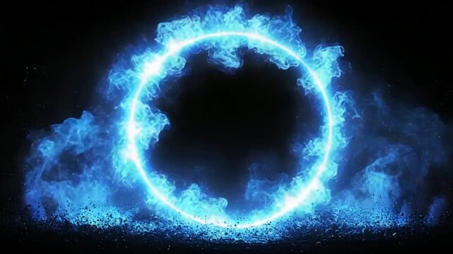 A vibrant, luminous circle of blue flames frames a dark space, creating a captivating and mysterious backdrop.