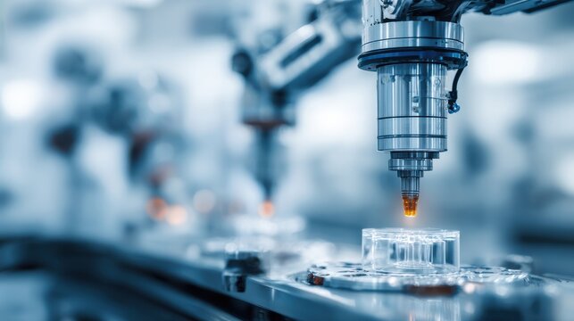 Pharmaceutical industry researchers using robotic systems on blurred background