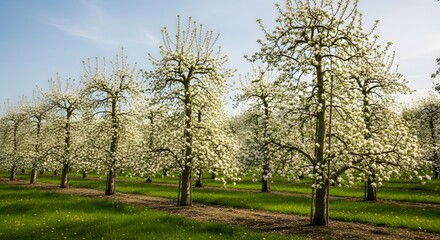 Obraz premium Vibrant spring orchard panorama showcasing elegant fruit trees laden with delicate white blossoms under a clear sky, symbolizing growth and renewal