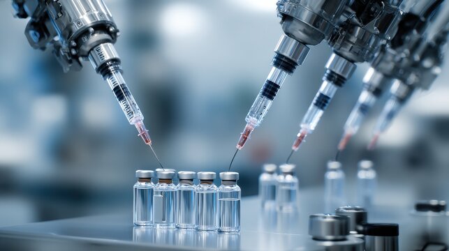 Pharmaceutical industry robotic arms filling syringes on blurred background
