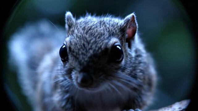 Macro Portrait of a Wild Squirrel with Large Black Eyes in a Dark Forest Setting