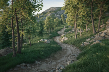 Fototapeta premium A peaceful forest trail winding through lush green trees and rocks in the mountains, captured in soft natural light and offering a serene outdoor nature atmosphere.