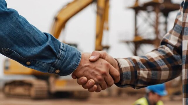 Two men shaking hands at a construction site with excavator in background