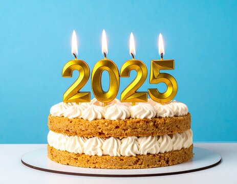 2025 Golden Candles on Birthday Cake with Cream Layers.