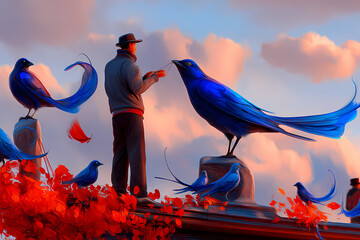 Man Receiving a Secret Message From Birds, Surreal Communication and Hidden Knowledge Concept