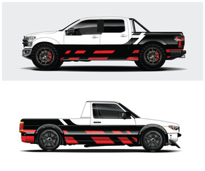 White pickup truck with red and black stripes design