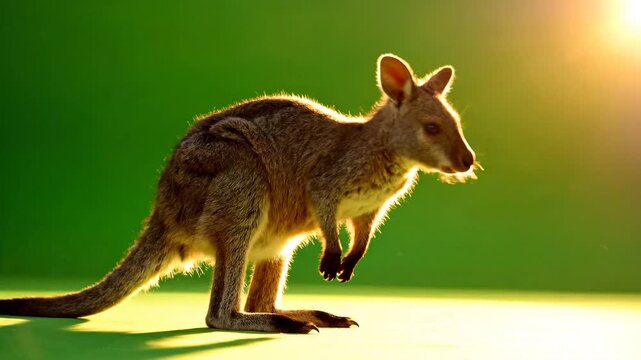 Small Australian Wallaby Jumping Against Green Screen Studio Backdrop with Sunlight Flare