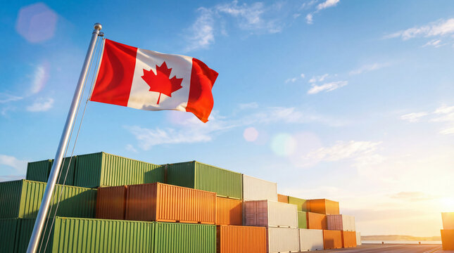 Canadian flag waving above cargo containers at port
