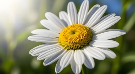 A close-up view of a white daisy flower with a yellow center, surrounded by blurred greenery, in a natural outdoor setting