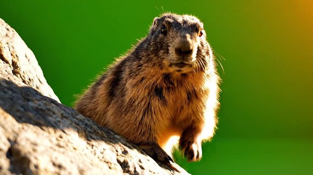 Alpine Marmot Emerging from Rocky Burrow in Beautiful Natural Sunlight