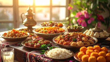 Fototapeta premium A Feast of Delights: An array of appetizing dishes, thoughtfully arranged on an ornate table, creating a vibrant culinary composition