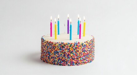 A colorful birthday cake with candles on a white background, viewed from the front, celebrating a special occasion