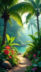 Fototapeta premium Cupped palms showcase wildflowers and verdant foliage, sunlight dappled , outdoor, summer