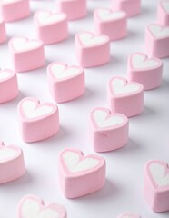 Pink and White Heart-Shaped Marshmallows Scattered on a White Background.