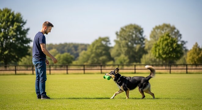 Man playing fetch with his dog on a sunny day in a grassy field