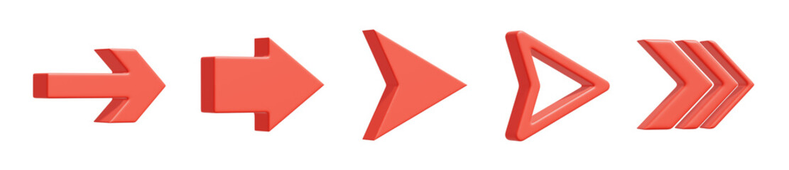 右を指す立体的な赤い矢印が並ぶイラスト。シンプルで目立つ赤い矢印アイコンの3DCGの挿絵素材