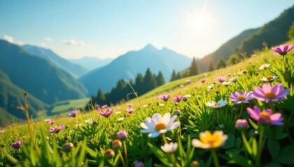 Fototapeta premium Delicate wildflowers carpet a sunlit hillside , wallpaper, flora